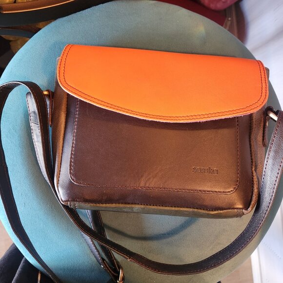 SORUKA ~ Leather Small Purse Crossbody ~ RECYCLED Leather ~ Brown & Orange ~ EUC - Picture 1 of 4